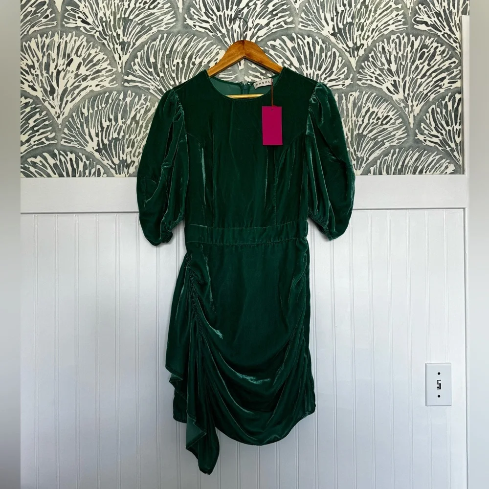 Rhode Pia Velvet Green Minidress with Puff Sleeves in Women's 6 - Picture 6 of 7